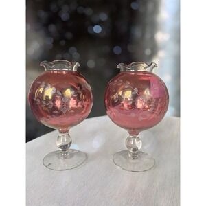 Vintage Set Of 2 Cranberry Rose Etched Glass Footed Pedestal Globe, Stunning!